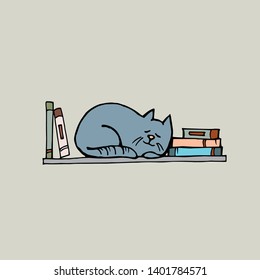 Grey cat is sleeping on the bookshelf. Vector illustration.