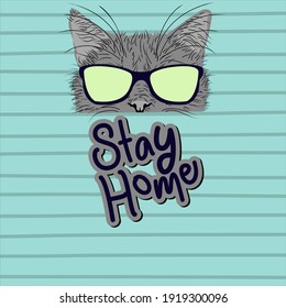 Grey cat stay home chill with glasses design vector illustration t-shirt design and others uses.