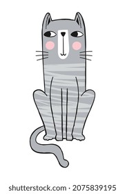 Grey cat sticker. Lovely and curious pet. Animal watching situation in apartment. Fuzzy sitting and resting, social media sticker. Comfort, coziness, apartment. Cartoon flat vector illustration