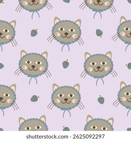 Grey cat with strawberries seamless pattern. Perfect for Prints, Wrapping Paper, Wallpaper, Textiles, Stationery, and Fabric.