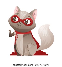 Grey Cat Superhero Character Wearing Red Cloak and Mask Sitting with Raised Paw Vector Illustration