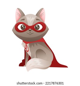 Grey Cat Superhero Character Wearing Red Cloak and Mask Sitting Vector Illustration