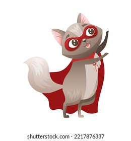Grey Cat Superhero Character Wearing Red Cloak and Mask Climbing Vector Illustration