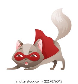 Grey Cat Superhero Character Wearing Red Cloak and Mask Growling Vector Illustration