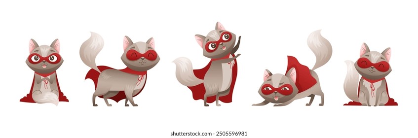 Grey Cat Superhero Character Wearing Red Cloak and Mask Vector Set.