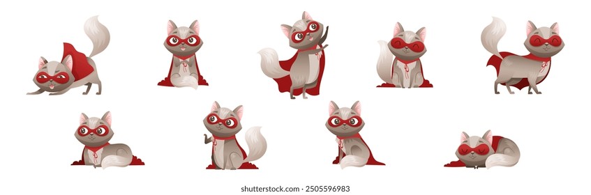 Grey Cat Superhero Character Wearing Red Cloak and Mask Vector Set.