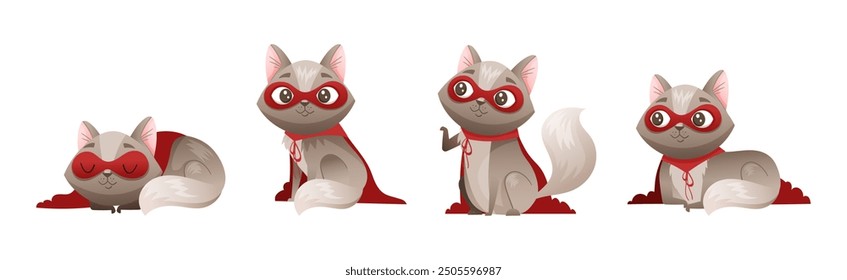 Grey Cat Superhero Character Wearing Red Cloak and Mask Vector Set.