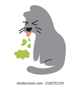 Grey Cat Throwing Up. Vector Hand Drawn Illustration On White Background.