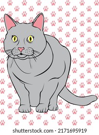 grey cat vector in pose with background pink paw texture for animal pet lovers