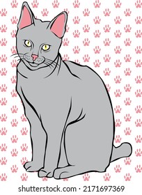 grey cat vector in pose with background pink paw texture for animal pet lovers