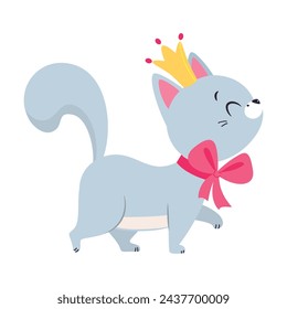 Grey Cat Walking with Golden Crown and Ribbon Bow as Fairy Tale Character Vector Illustration