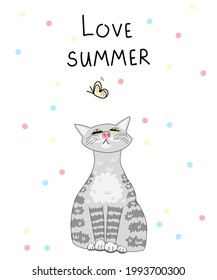 Grey cat watches butterfly. Trendy vector illustration with lettering and colorful dots on white background. Summer concept of striped kitty and flying butterfly for postcard, cover, statationery, web
