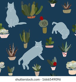 Grey cats and cacti in pots on a dark indigo blue background. Seamless pattern with domestic plants and pets. Hand-drawn vector illustration.