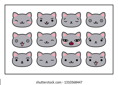 Grey cats' emotions. Kawaii emoticons. 