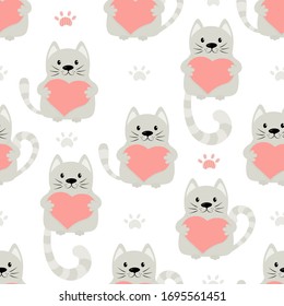 Grey cats with hearts on a white background vector seamless flat pattern.