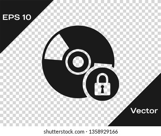 Grey CD or DVD disk with closed padlock icon isolated on transparent background. Compact disc sign. Security, safety, protection concept. Vector Illustration