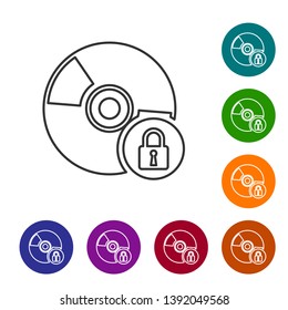 Grey CD or DVD disk with closed padlock line icon on white background. Compact disc sign. Security, safety, protection concept. Set icon in color circle buttons. Vector Illustration