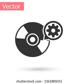 Grey CD or DVD disk and gear icon isolated on white background. Adjusting app, service concept, setting options, maintenance, repair, fixing. Vector Illustration