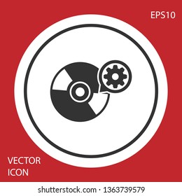Grey CD or DVD disk and gear icon isolated on red background. Adjusting app, service concept, setting options, maintenance, repair, fixing. White circle button. Vector Illustration