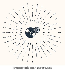 Grey CD or DVD disk and gear icon isolated on beige background. Adjusting app, service concept, setting options, maintenance, repair, fixing. Abstract circle random dots. Vector Illustration