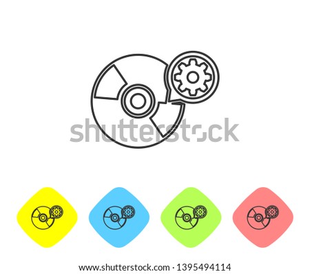 Grey CD or DVD disk and gear line icon on white background. Adjusting app, service concept, setting options, maintenance, repair, fixing. Set icon in color rhombus buttons. Vector Illustration