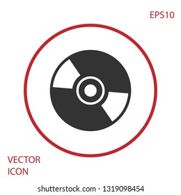 Grey CD or DVD disk icon isolated on white background. Compact disc sign. Red circle button. Vector Illustration
