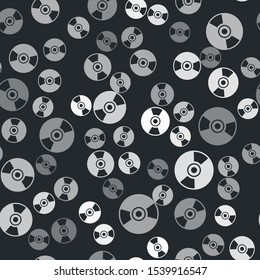 Grey CD or DVD disk icon isolated seamless pattern on black background. Compact disc sign.  Vector Illustration