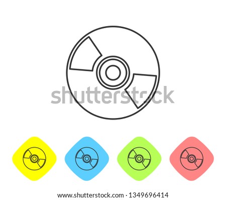 Grey CD or DVD disk line icon isolated on white background. Compact disc sign. Set icon in color rhombus buttons. Vector Illustration