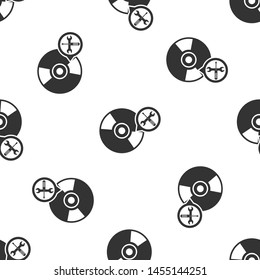 Grey CD or DVD disk with screwdriver and wrench icon isolated seamless pattern on white background. Adjusting, service, setting, maintenance, repair, fixing.  Vector Illustration