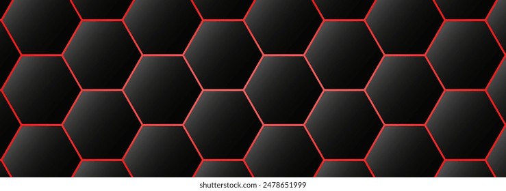 Grey cells pattern background. Black hexagon grid texture with red lining. Dark grey background with red.