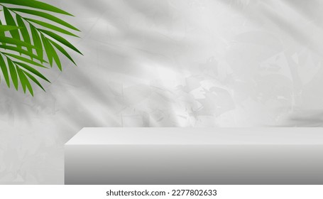 Grey Cement Wall texture Background with coconut palm leaves,3D Empty Display studio room with sunlight on Concrete wall,Vector design Cosmetics Product Presentation or Spring,Summer Sale,Promotion 