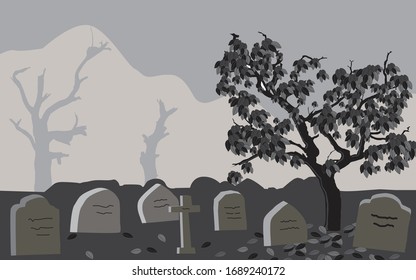 Grey cemetery with a tree and gravestones