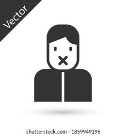 Grey Censor and freedom of speech concept icon isolated on white background. Media prisoner and human rights concept. Tied mouth. Vector.