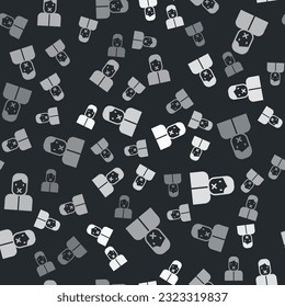 Grey Censor and freedom of speech concept icon isolated seamless pattern on black background. Media prisoner and human rights concept. Tied mouth.  Vector