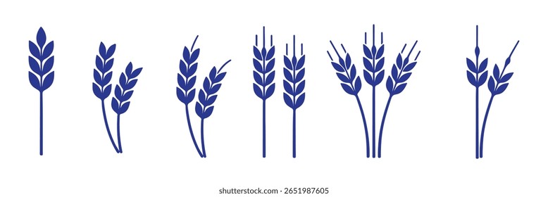 Grey Cereals icon set with rice, wheat, corn, oats, Vector farm wheat ears  Gluten free Wheat logo. Icon bakery. Spike . Bread grain