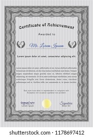 Grey Certificate of achievement template. With complex background. Detailed. Money design. 