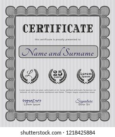Grey Certificate of achievement template. With complex linear background. Customizable, Easy to edit and change colors. Money style design. 