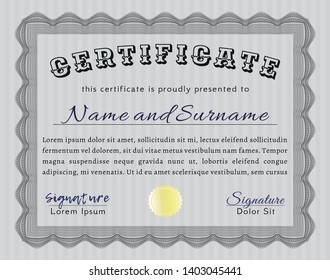 Grey Certificate of achievement template. Complex background. Customizable, Easy to edit and change colors. Money style design. 
