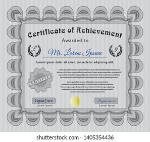 Grey Certificate of achievement template. With complex linear background. Vector illustration. Modern design. 