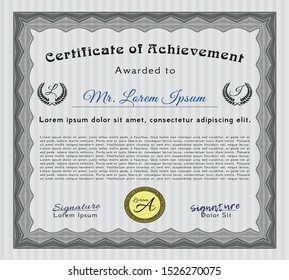 Grey Certificate of achievement template. With complex background. Vector illustration. Good design. 