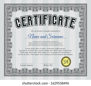 Grey Certificate of achievement template. With complex background. Detailed. Sophisticated design. 