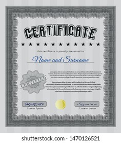 Grey Certificate of achievement template. Customizable, Easy to edit and change colors. With guilloche pattern and background. Artistry design. 