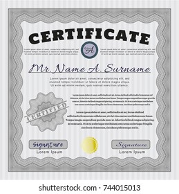 Grey Certificate of achievement template. Customizable, Easy to edit and change colors. Printer friendly. Artistry design. 