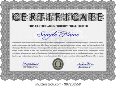 Grey Certificate of achievement template. Design template. Money design. With guilloche pattern. 