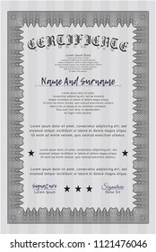 Grey Certificate of achievement template. Detailed. With guilloche pattern. Cordial design. 