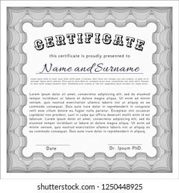 Grey Certificate of achievement template. Detailed. With linear background. Sophisticated design. 