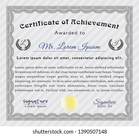 Grey Certificate of achievement template. Detailed. With complex linear background. Lovely design. 