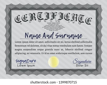 Grey Certificate of achievement template. With great quality guilloche pattern. Nice design. Customizable, Easy to edit and change colors. 