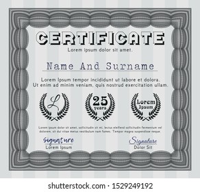 Grey Certificate of achievement template. With guilloche pattern and background. Cordial design. Customizable, Easy to edit and change colors. 