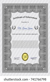 Grey Certificate of achievement template. Money Pattern design. Detailed. With guilloche pattern. 